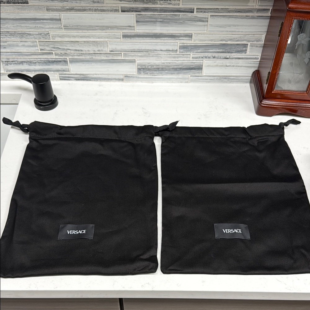 Versace Double Layered Black Drawstring Bags with Logo